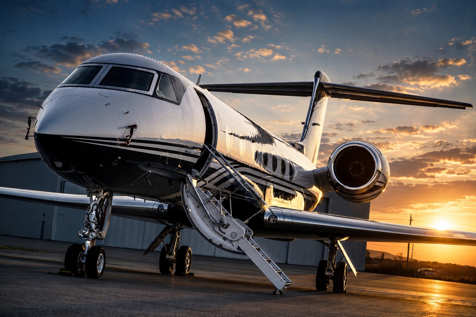 Business jet with airstair down on the tarmac at sunset