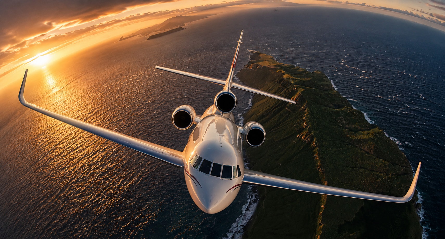 Business jet nose and engine backlit at golden hour