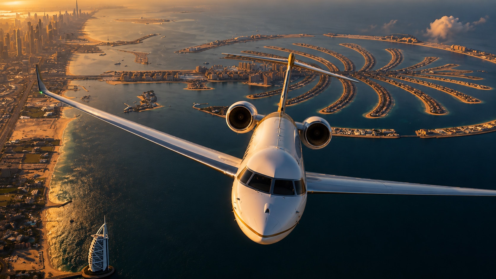 Business jet silhouetted against a golden sunset on the tarmac